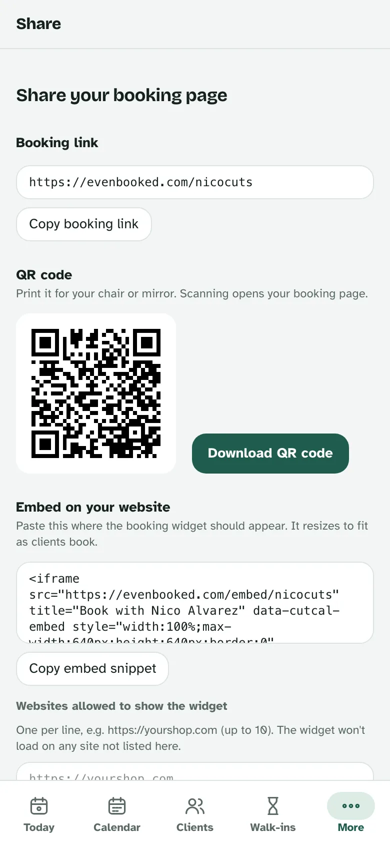 The Share screen: the booking link evenbooked.com/nicocuts with a copy button, and a QR code to download.